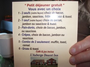 早餐菜单，L'Auberge Doucet